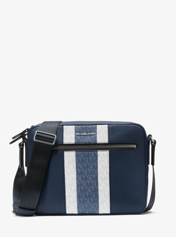 Panske Crossbody Kabelka Michael Kors Hudson Pebbled Leather and Logo Stripe Camera Námornícka Modrá - Tasky Michael Kors Lacne | ZXGPH-3968
